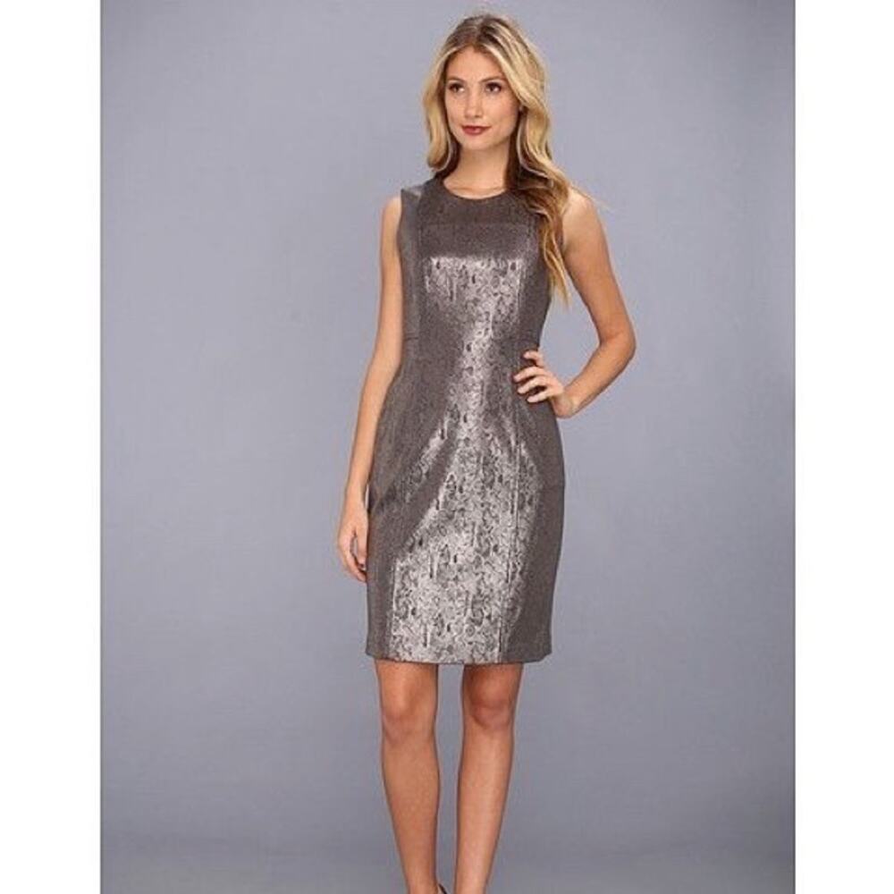 Calvin Klein Metallic Gunmetal Silver Snakeskin Sheath Dress Size 4 Sleeveless